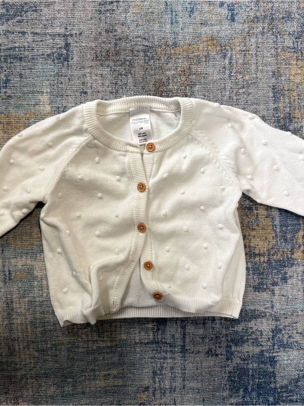 White Textured Dot Baby Cardigan with Wood Buttons